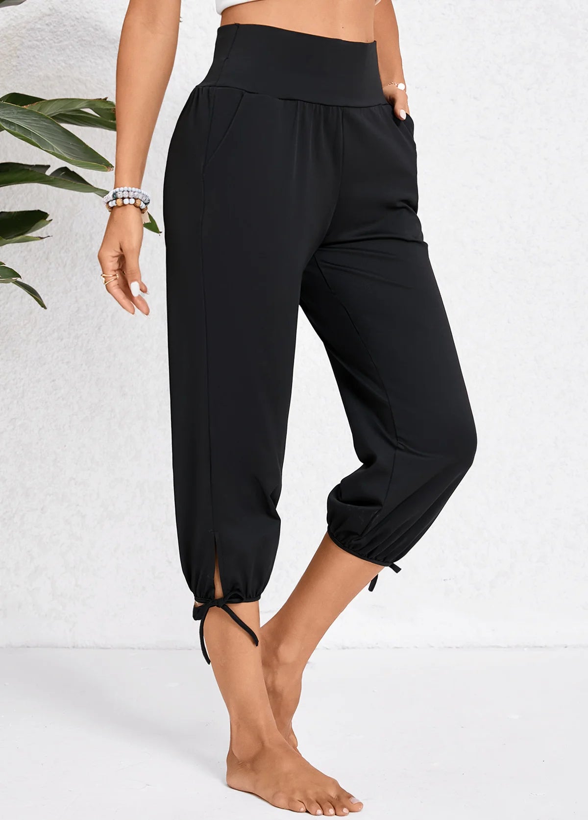 Women’s High Waist Cropped Black Linen Pants