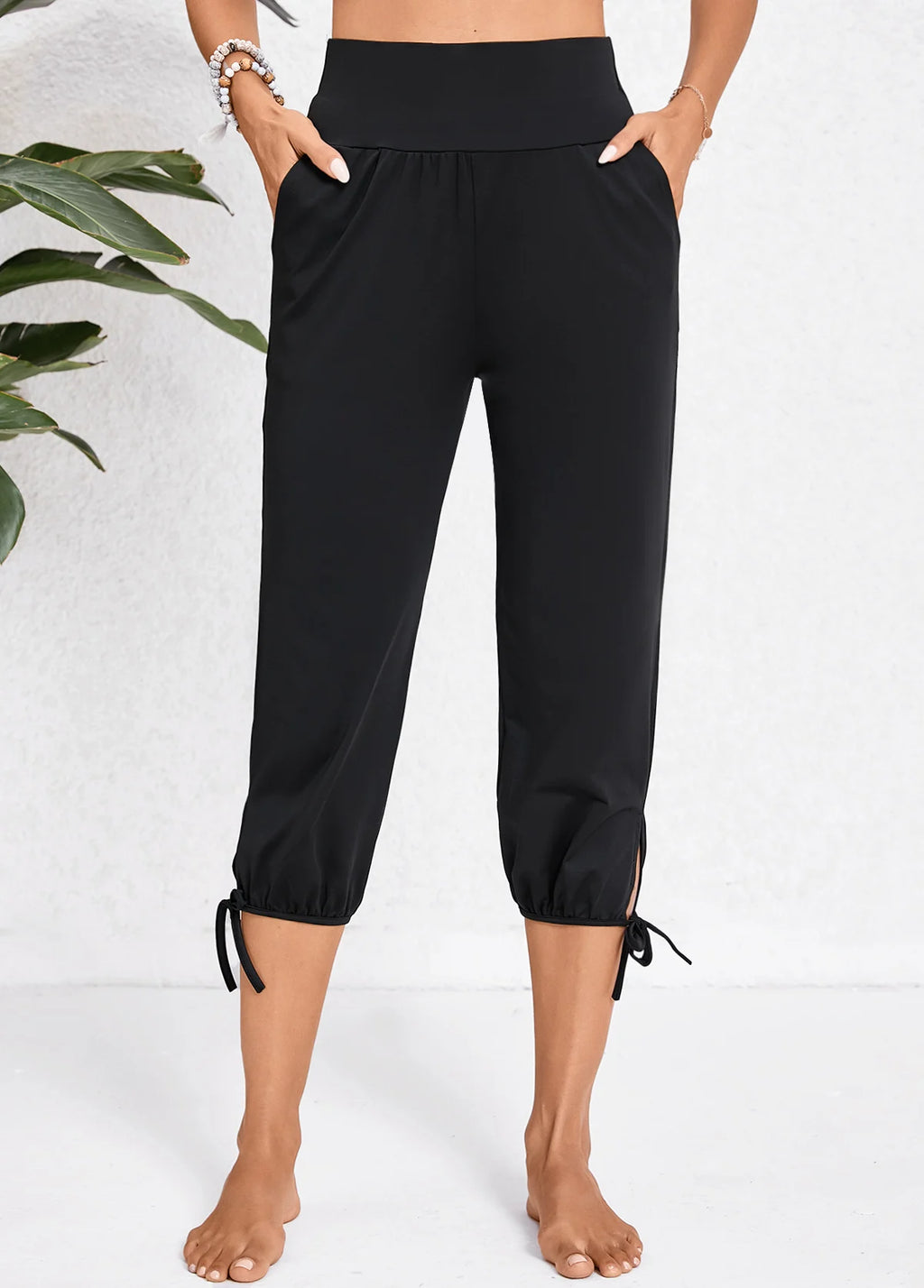 Women’s High Waist Cropped Black Linen Pants