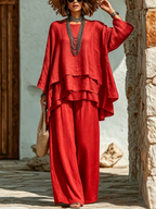 SEO Title: Women's Two Piece Layered Ruffle Top & Wide Leg Pants Set – Boho Loose Fit Linen-Look Outfit