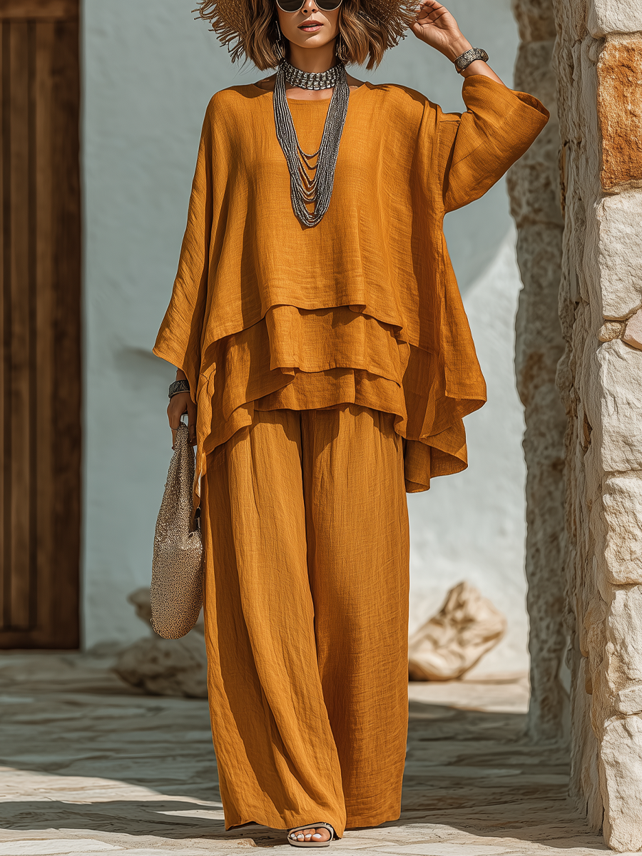 Layered ruffle top and wide leg linen look pants set, side styling view