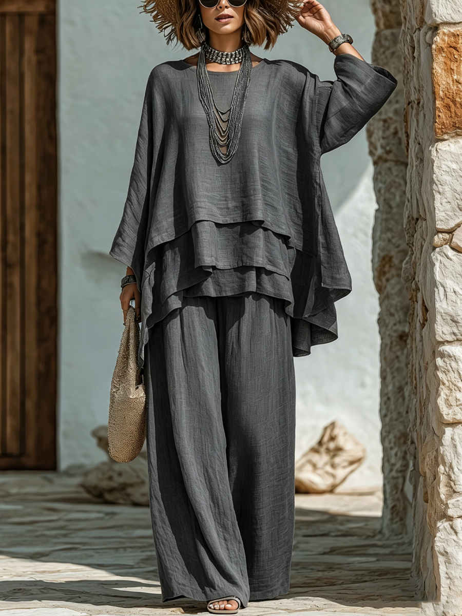 Boho wide leg pants two piece set, relaxed loose fit detail