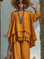 SEO Title: Women's Two Piece Layered Ruffle Top & Wide Leg Pants Set – Boho Loose Fit Linen-Look Outfit