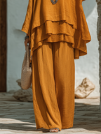 SEO Title: Women's Two Piece Layered Ruffle Top & Wide Leg Pants Set – Boho Loose Fit Linen-Look Outfit