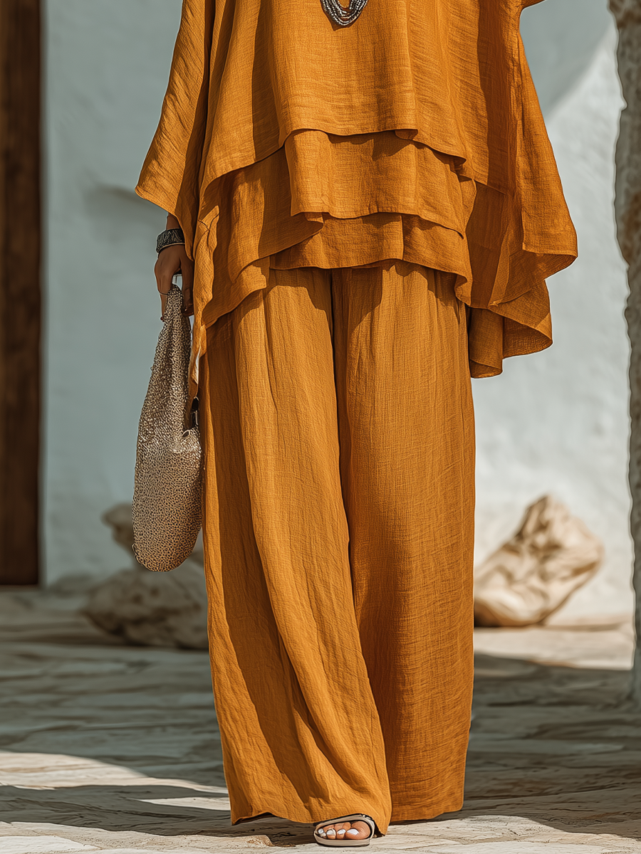 SEO Title: Women's Two Piece Layered Ruffle Top & Wide Leg Pants Set – Boho Loose Fit Linen-Look Outfit