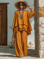 SEO Title: Women's Two Piece Layered Ruffle Top & Wide Leg Pants Set – Boho Loose Fit Linen-Look Outfit