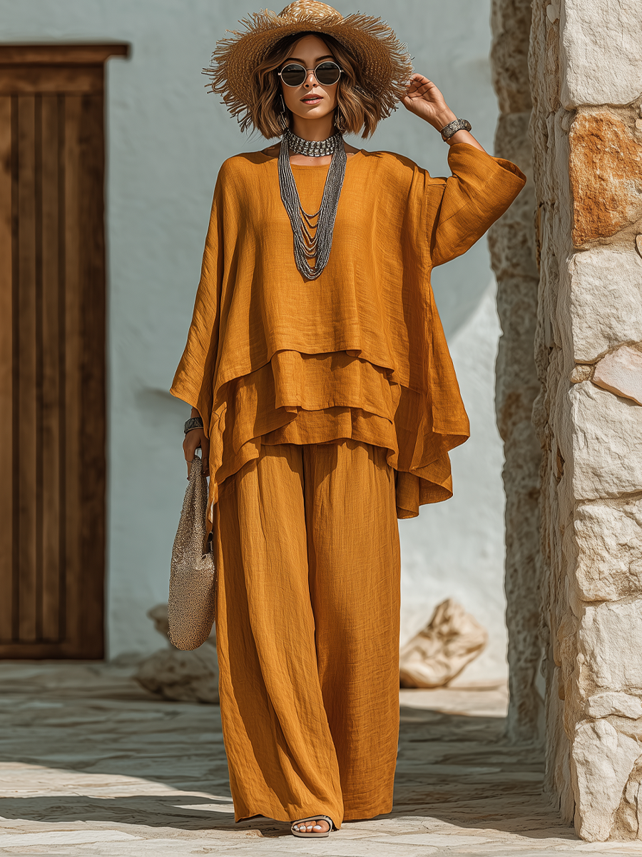 SEO Title: Women's Two Piece Layered Ruffle Top & Wide Leg Pants Set – Boho Loose Fit Linen-Look Outfit