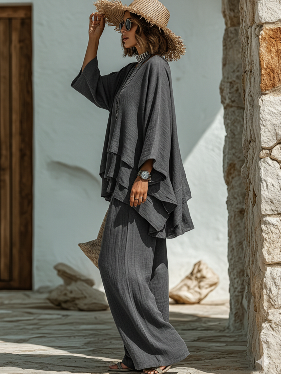 SEO Title: Women's Two Piece Layered Ruffle Top & Wide Leg Pants Set – Boho Loose Fit Linen-Look Outfit