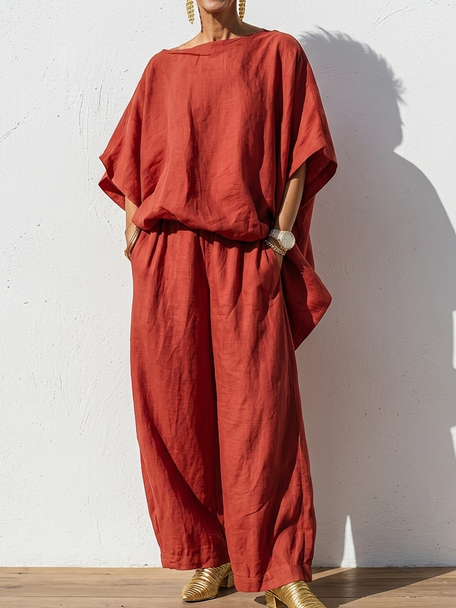Women's Two Piece Batwing Top & Wide Leg Pants Set – Loose Fit Casual Linen-Look Lounge Outfit