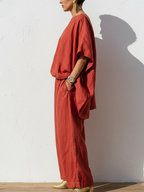 Women's Two Piece Batwing Top & Wide Leg Pants Set – Loose Fit Casual Linen-Look Lounge Outfit