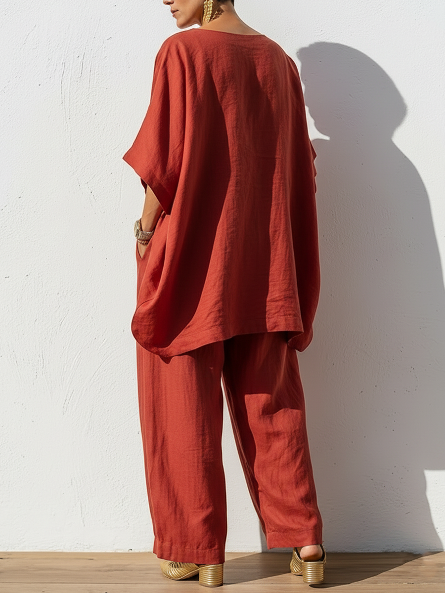 Women's Two Piece Batwing Top & Wide Leg Pants Set – Loose Fit Casual Linen-Look Lounge Outfit