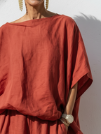 Women's Two Piece Batwing Top & Wide Leg Pants Set – Loose Fit Casual Linen-Look Lounge Outfit