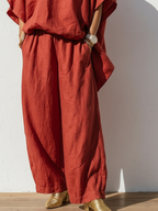 Women's Two Piece Batwing Top & Wide Leg Pants Set – Loose Fit Casual Linen-Look Lounge Outfit