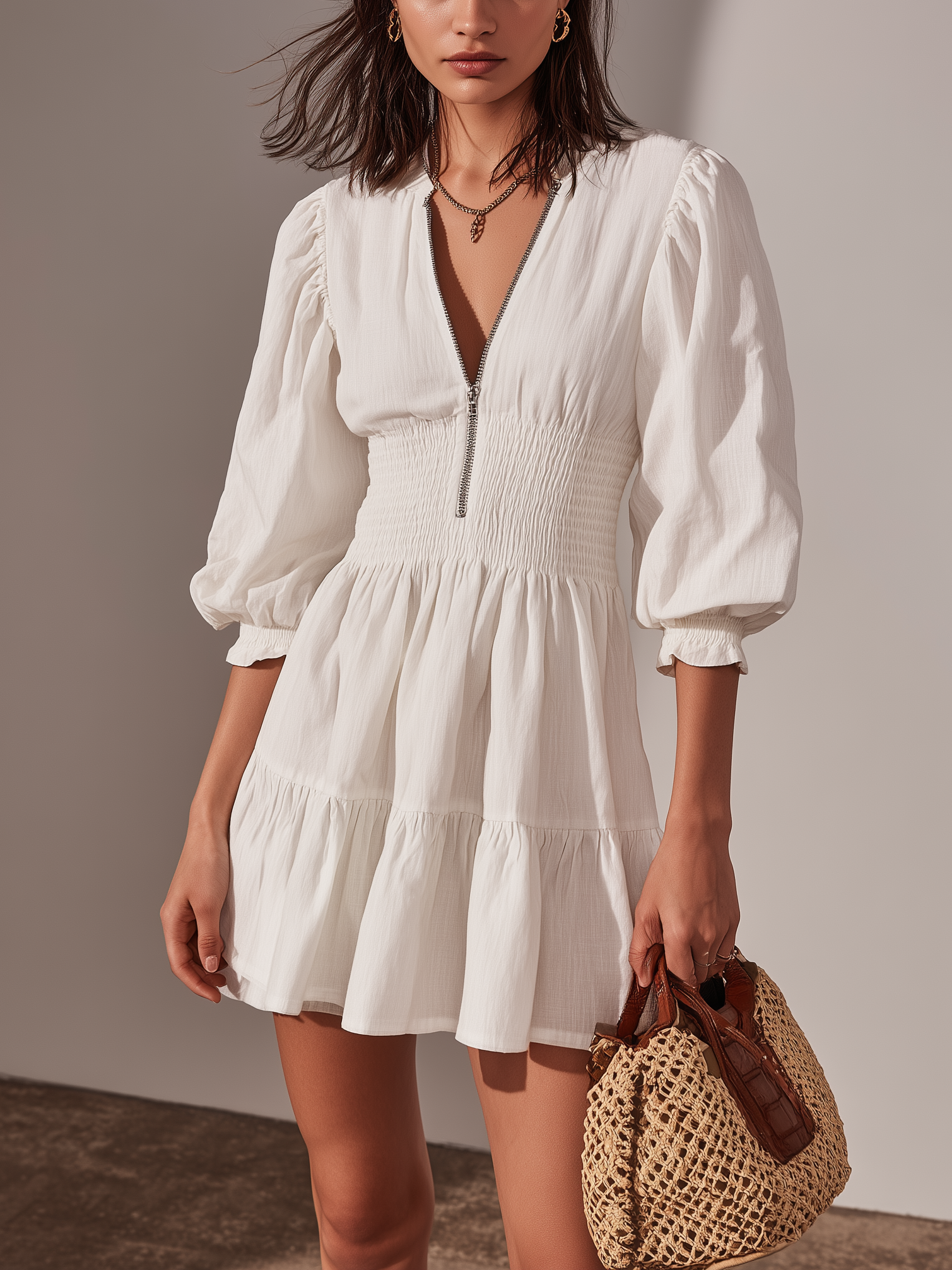 Meredith | Casual White Cotton-Linen Short Dress with Round Neck, Mid-Length Sleeves & Zipper Detail – Effortless Summer Style