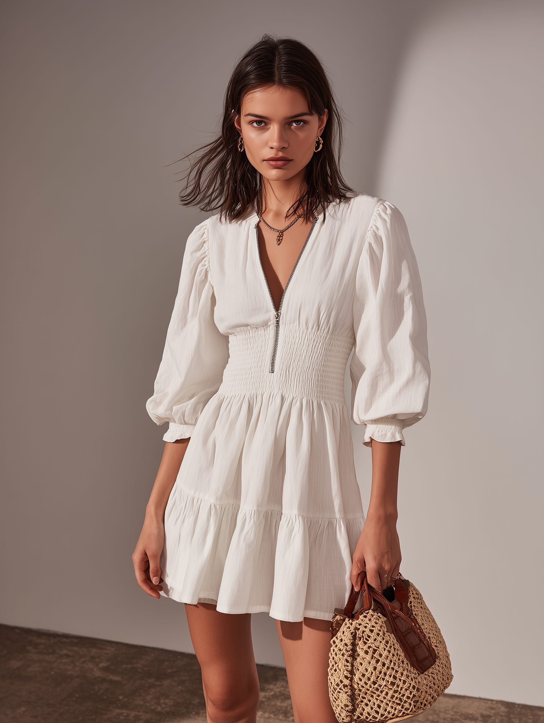 Meredith | Casual White Cotton-Linen Short Dress with Round Neck, Mid-Length Sleeves & Zipper Detail – Effortless Summer Style