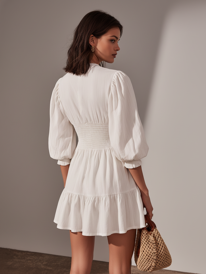 Meredith | Casual White Cotton-Linen Short Dress with Round Neck, Mid-Length Sleeves & Zipper Detail – Effortless Summer Style