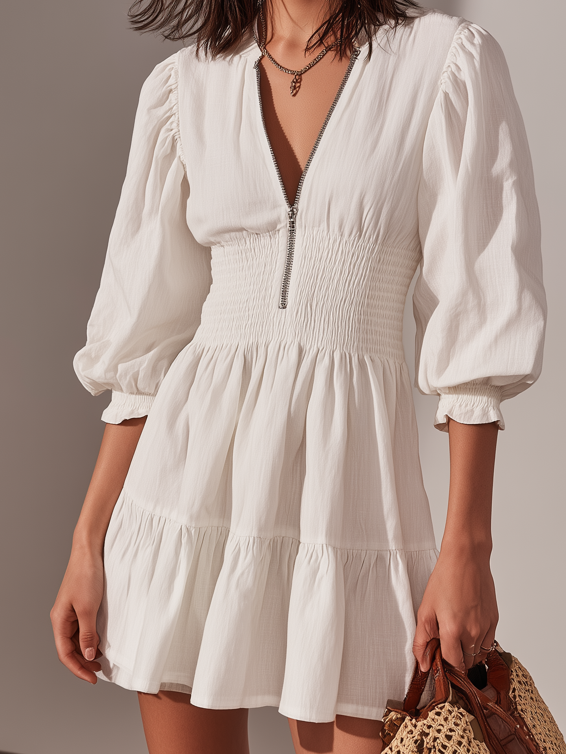 Meredith | Casual White Cotton-Linen Short Dress with Round Neck, Mid-Length Sleeves & Zipper Detail – Effortless Summer Style