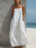 Women’s White Striped Maxi Dress – Sleeveless Loose Fit Summer Long Dress Casual Elegant