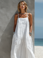 Women’s White Striped Maxi Dress – Sleeveless Loose Fit Summer Long Dress Casual Elegant
