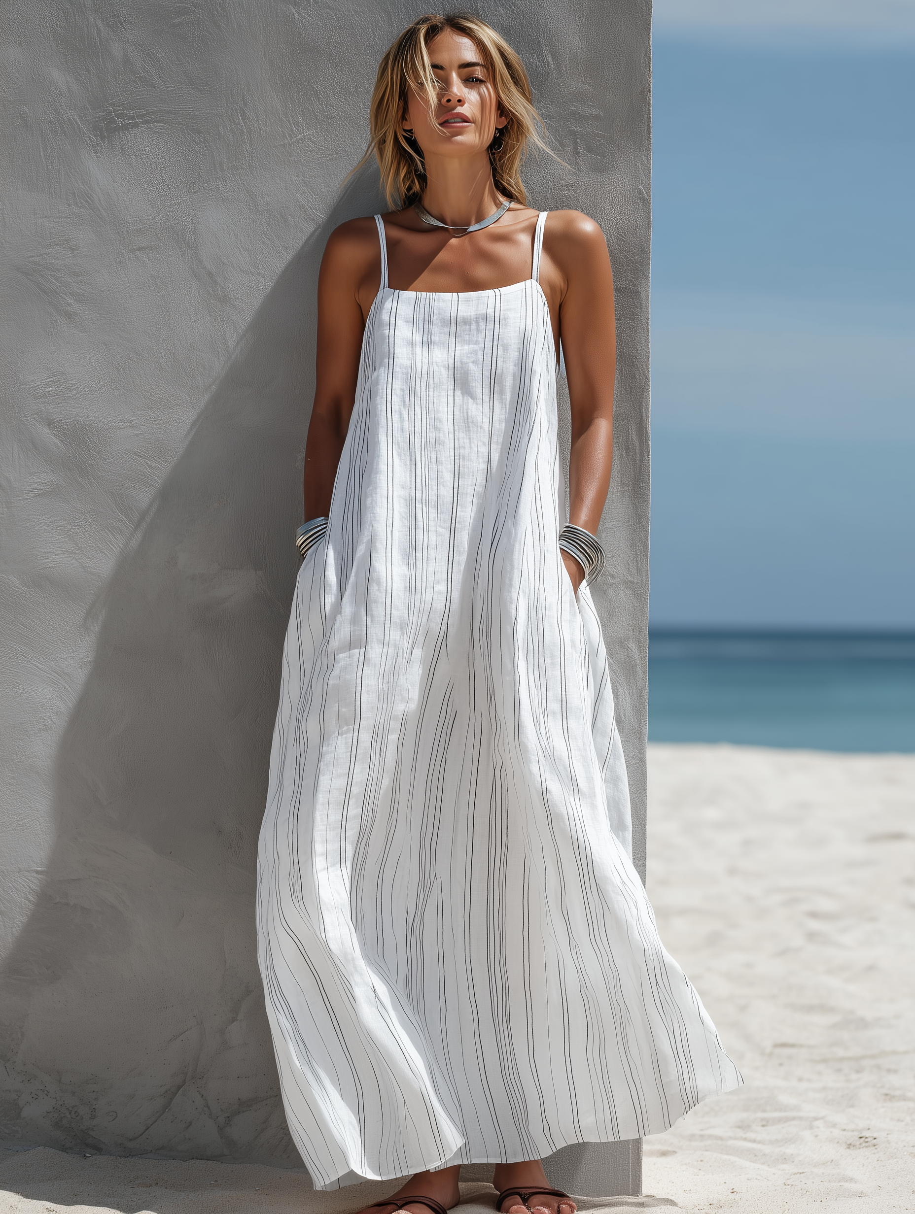 Women’s White Striped Maxi Dress – Sleeveless Loose Fit Summer Long Dress Casual Elegant