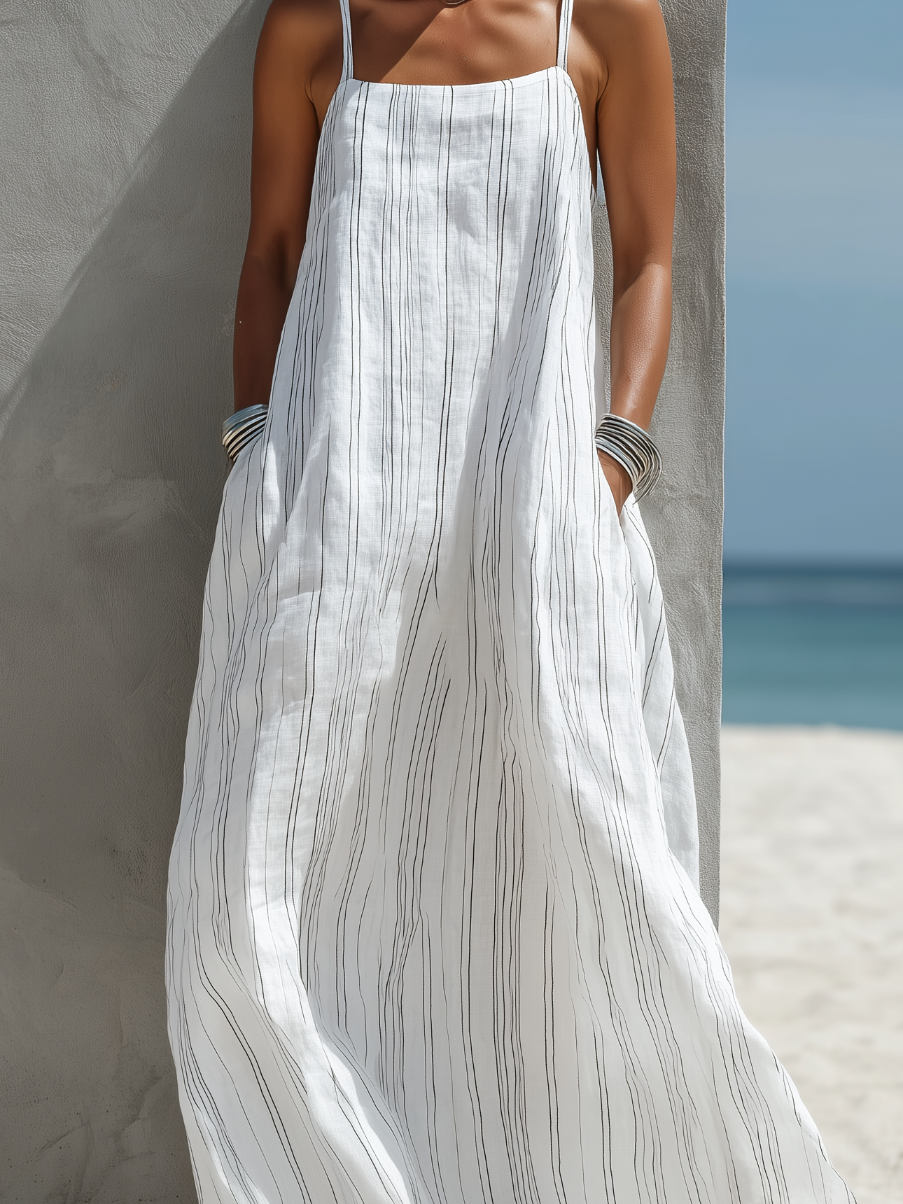 Women’s White Striped Maxi Dress – Sleeveless Loose Fit Summer Long Dress Casual Elegant