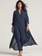 Navy Striped Shirt Dress  Women's Long Sleeve Button Up Maxi Shirtdress with Side Slits