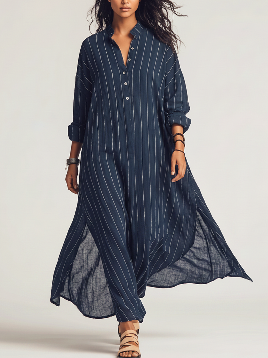 Navy Striped Shirt Dress  Women's Long Sleeve Button Up Maxi Shirtdress with Side Slits