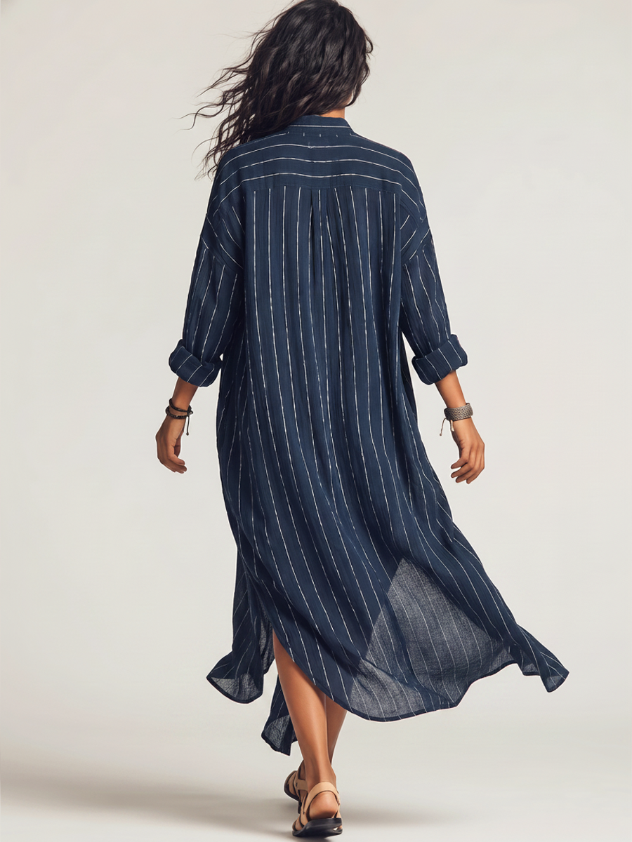 Navy Striped Shirt Dress  Women's Long Sleeve Button Up Maxi Shirtdress with Side Slits