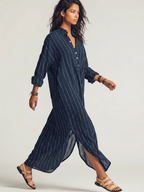 Navy Striped Shirt Dress  Women's Long Sleeve Button Up Maxi Shirtdress with Side Slits