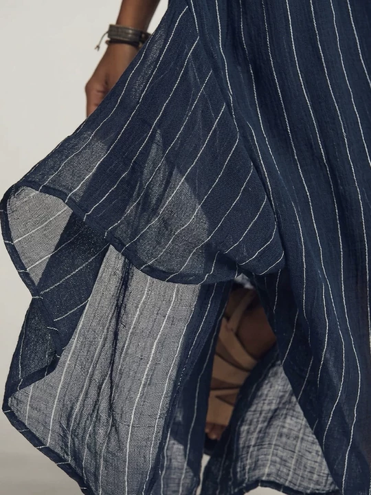 Navy Striped Shirt Dress  Women's Long Sleeve Button Up Maxi Shirtdress with Side Slits