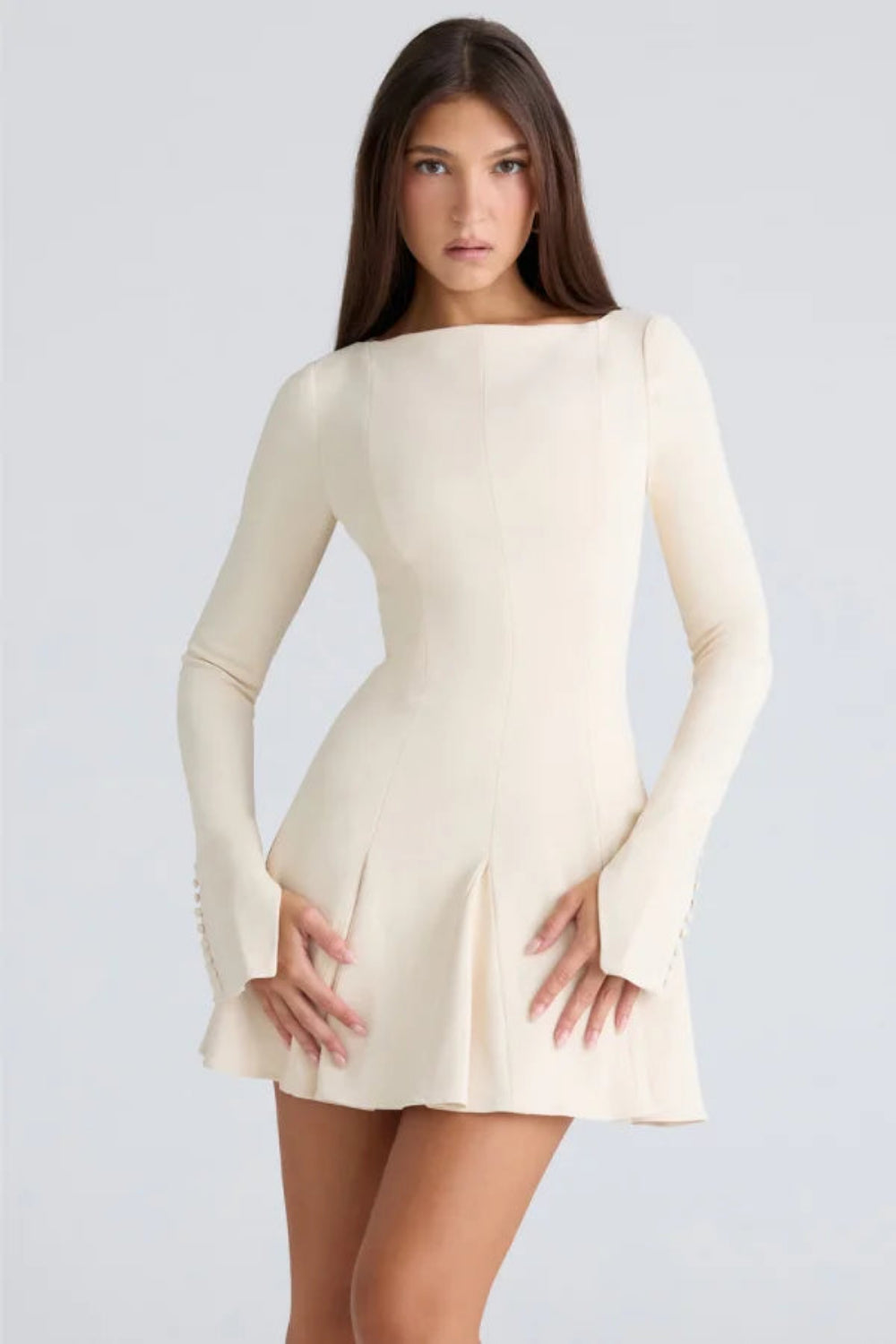 Women’s A-Line Crepe Dress – Elegant Boat Neck Midi Formal Dress with Princess Seams