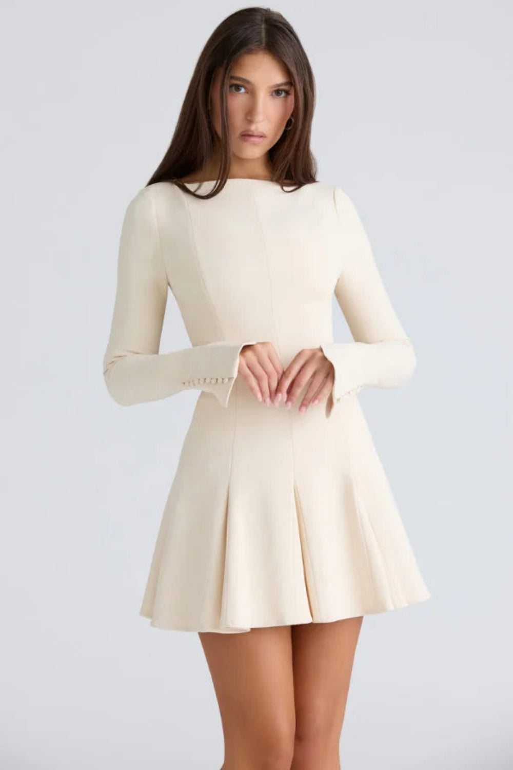 Women’s A-Line Crepe Dress – Elegant Boat Neck Midi Formal Dress with Princess Seams
