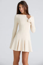 Women’s A-Line Crepe Dress – Elegant Boat Neck Midi Formal Dress with Princess Seams