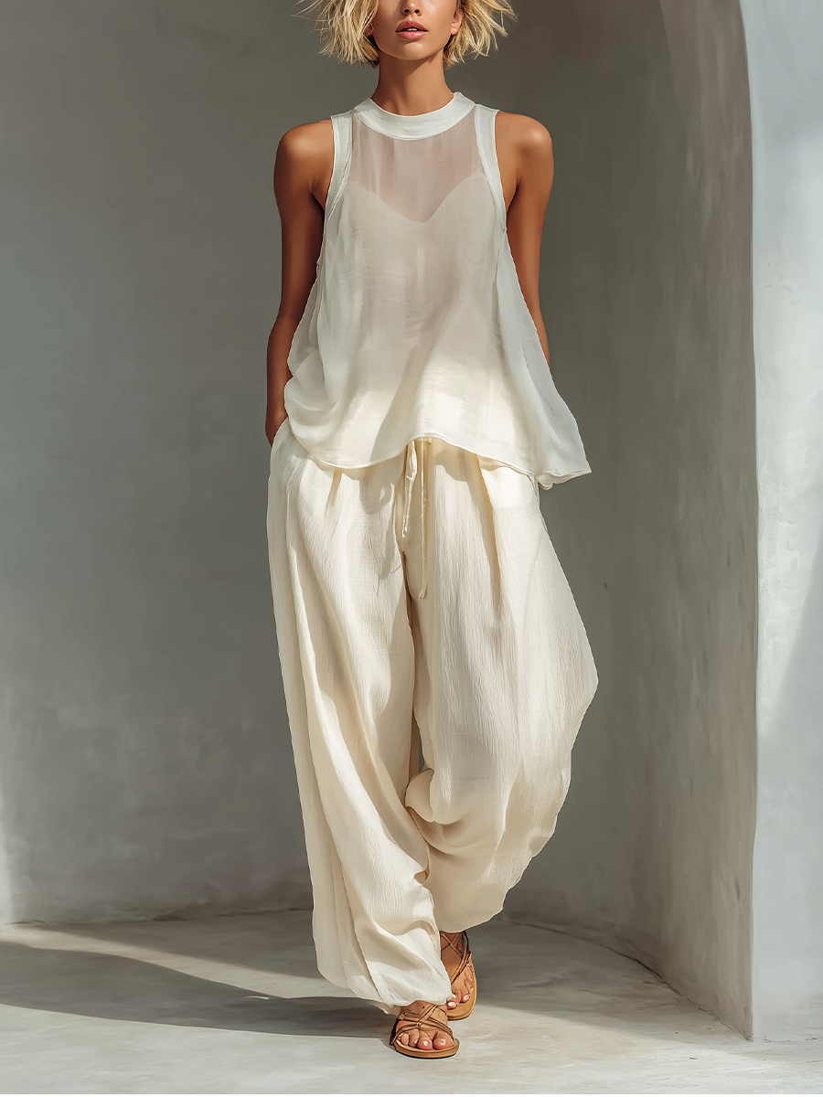 Women’s Cream Two Piece Summer Set – Sleeveless Top & Wide Leg Pants