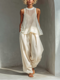Women’s Cream Two Piece Summer Set – Sleeveless Top & Wide Leg Pants