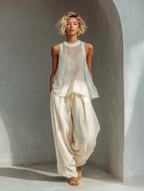 Women’s Cream Two Piece Summer Set – Sleeveless Top & Wide Leg Pants