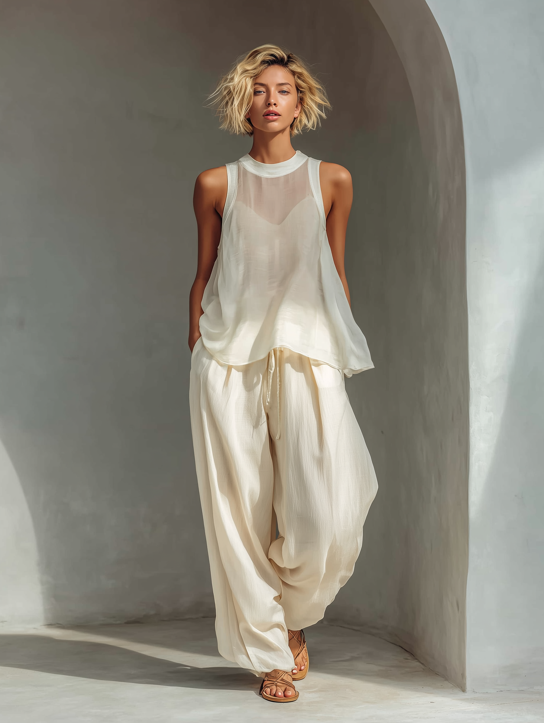 Women’s Cream Two Piece Summer Set – Sleeveless Top & Wide Leg Pants