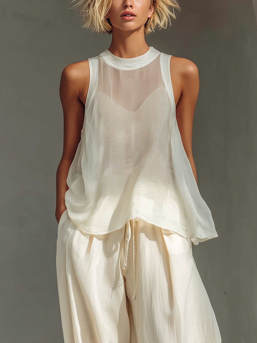 Women’s Cream Two Piece Summer Set – Sleeveless Top & Wide Leg Pants