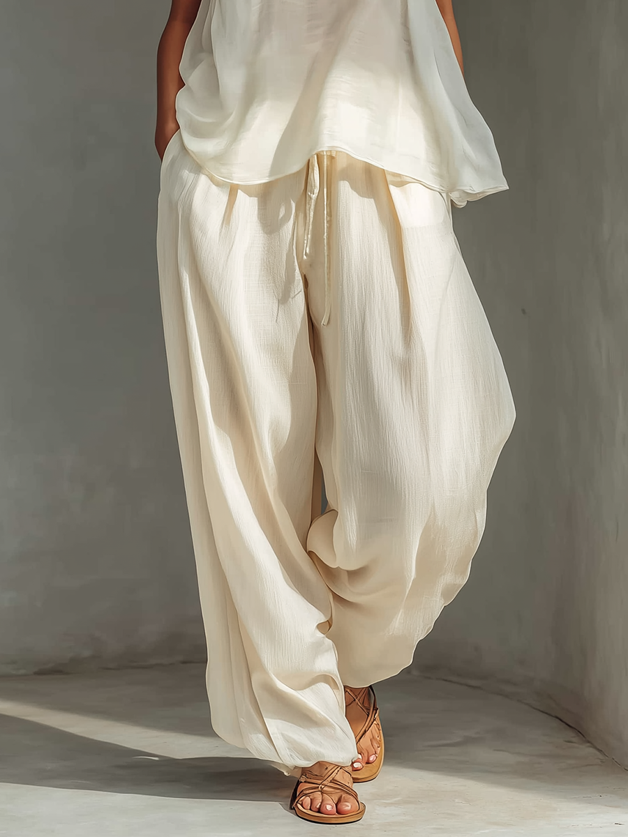 Women’s Cream Two Piece Summer Set – Sleeveless Top & Wide Leg Pants
