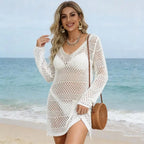 Women’s Crochet Swim Cover Up Dress – Long Sleeve Beach Shirt