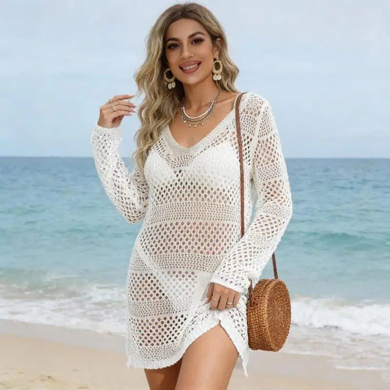 Women’s Crochet Swim Cover Up Dress – Long Sleeve Beach Shirt