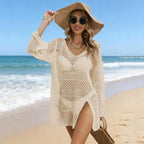 Women’s Crochet Swim Cover Up Dress – Long Sleeve Beach Shirt