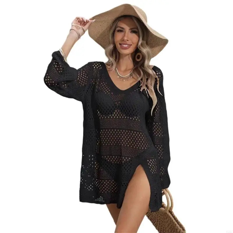 Women’s Crochet Swim Cover Up Dress – Long Sleeve Beach Shirt