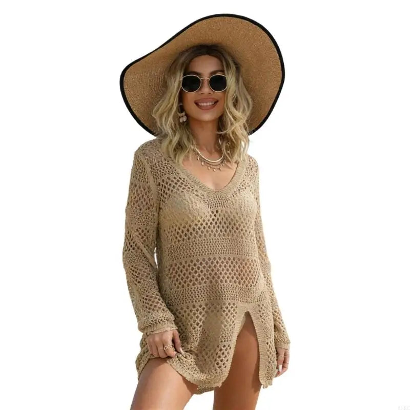 Women’s Crochet Swim Cover Up Dress – Long Sleeve Beach Shirt