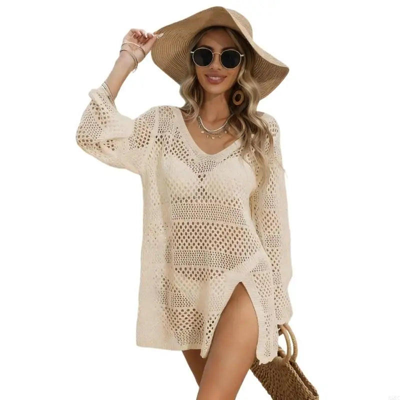 Women’s Crochet Swim Cover Up Dress – Long Sleeve Beach Shirt
