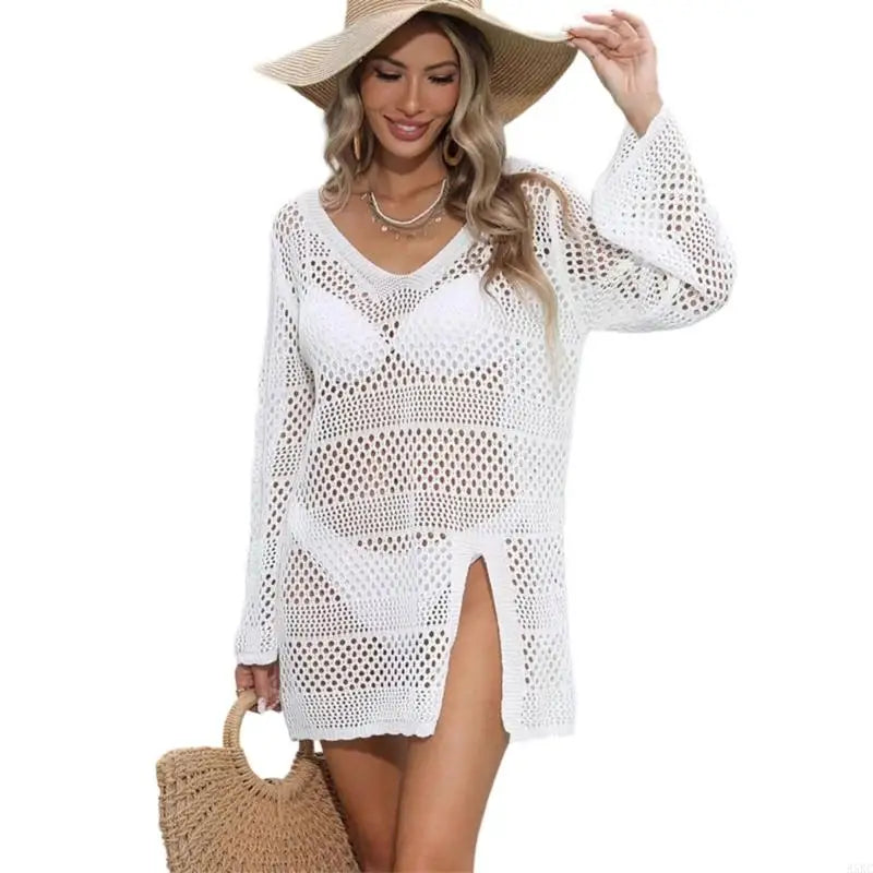 Women’s Crochet Swim Cover Up Dress – Long Sleeve Beach Shirt