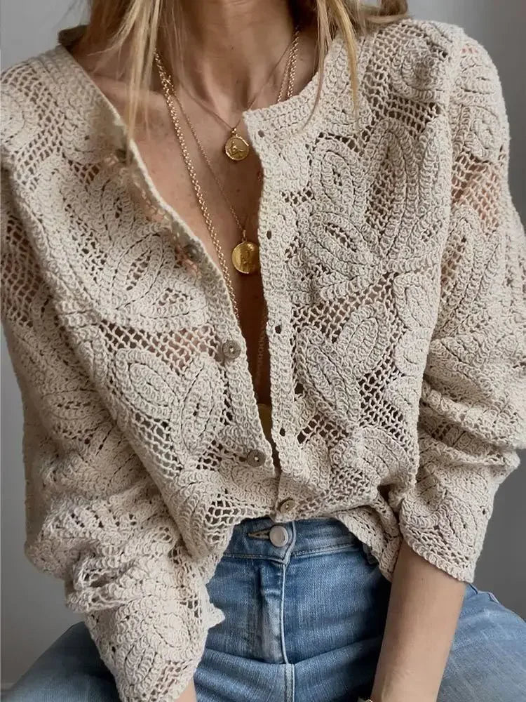 Women’s Crochet Button Up Shirt – Open Knit Long Sleeve Summer Top