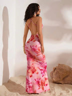 Floral Draped Neck Backless Maxi Knit Dress