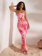Floral Draped Neck Backless Maxi Knit Dress