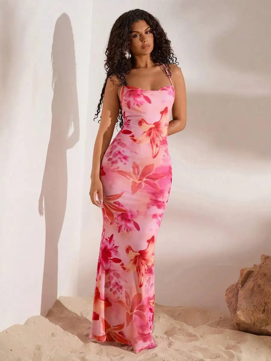 Floral Draped Neck Backless Maxi Knit Dress