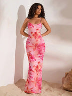 Floral Draped Neck Backless Maxi Knit Dress
